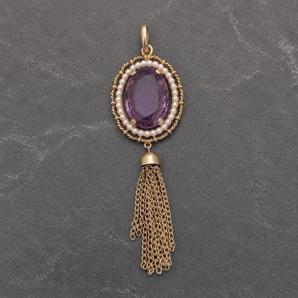 Vintage Avon Royal Elegance Pendant Purple Stone, Gold Tone, Faux Pearl 1970s